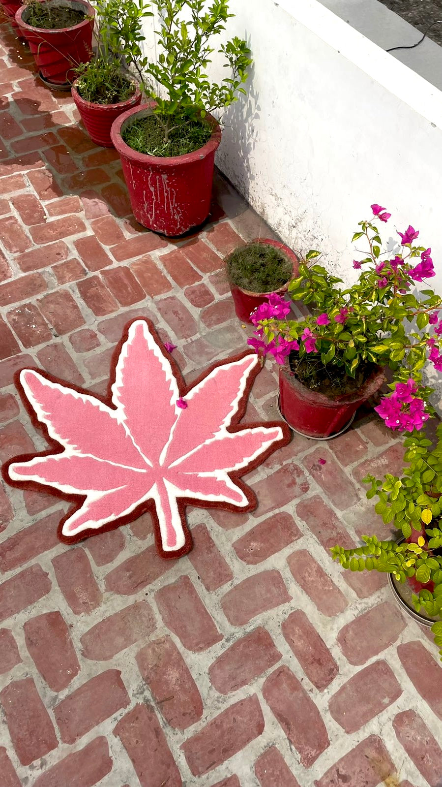 Pink Marijuana Leaf Hand-Tufted Rug