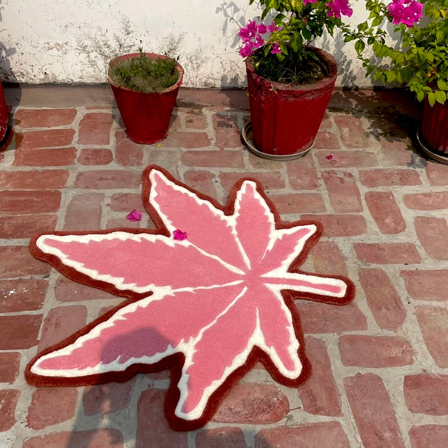 Pink Marijuana Leaf Hand-Tufted Rug