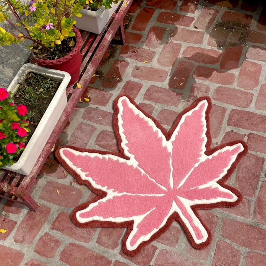 Pink Marijuana Leaf Hand-Tufted Rug