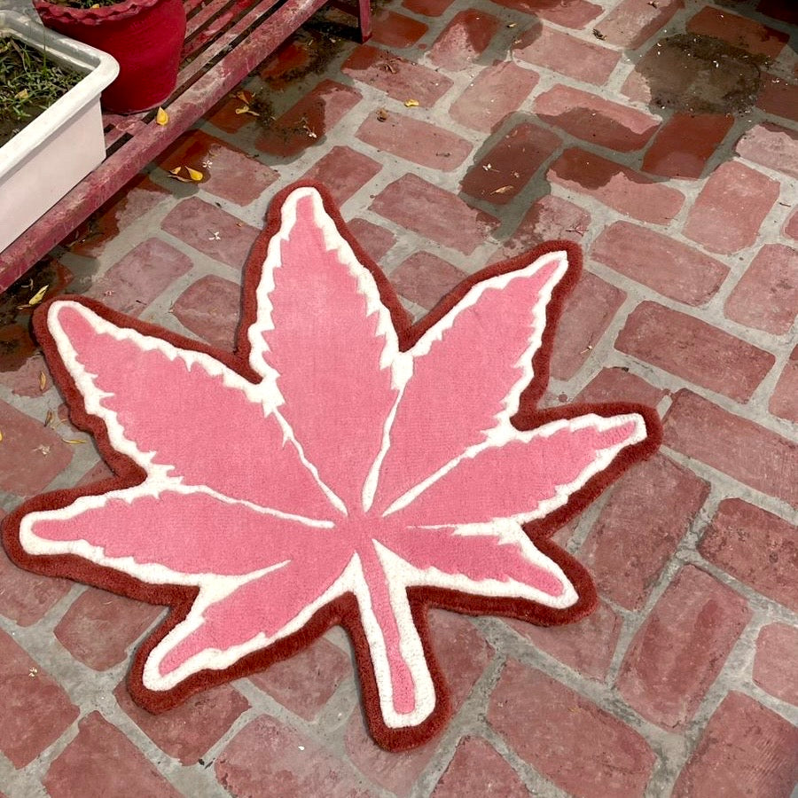 Pink Marijuana Leaf Hand-Tufted Rug