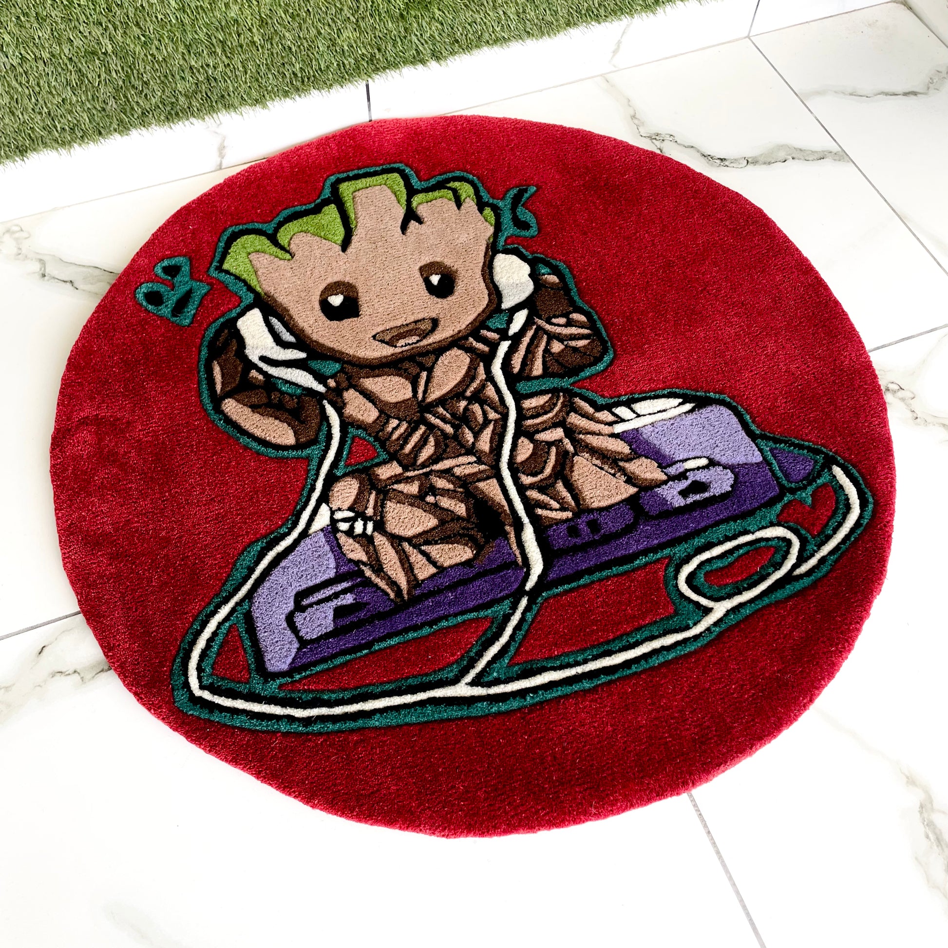 Groot Listening to Music Hand-Tufted Rug side view