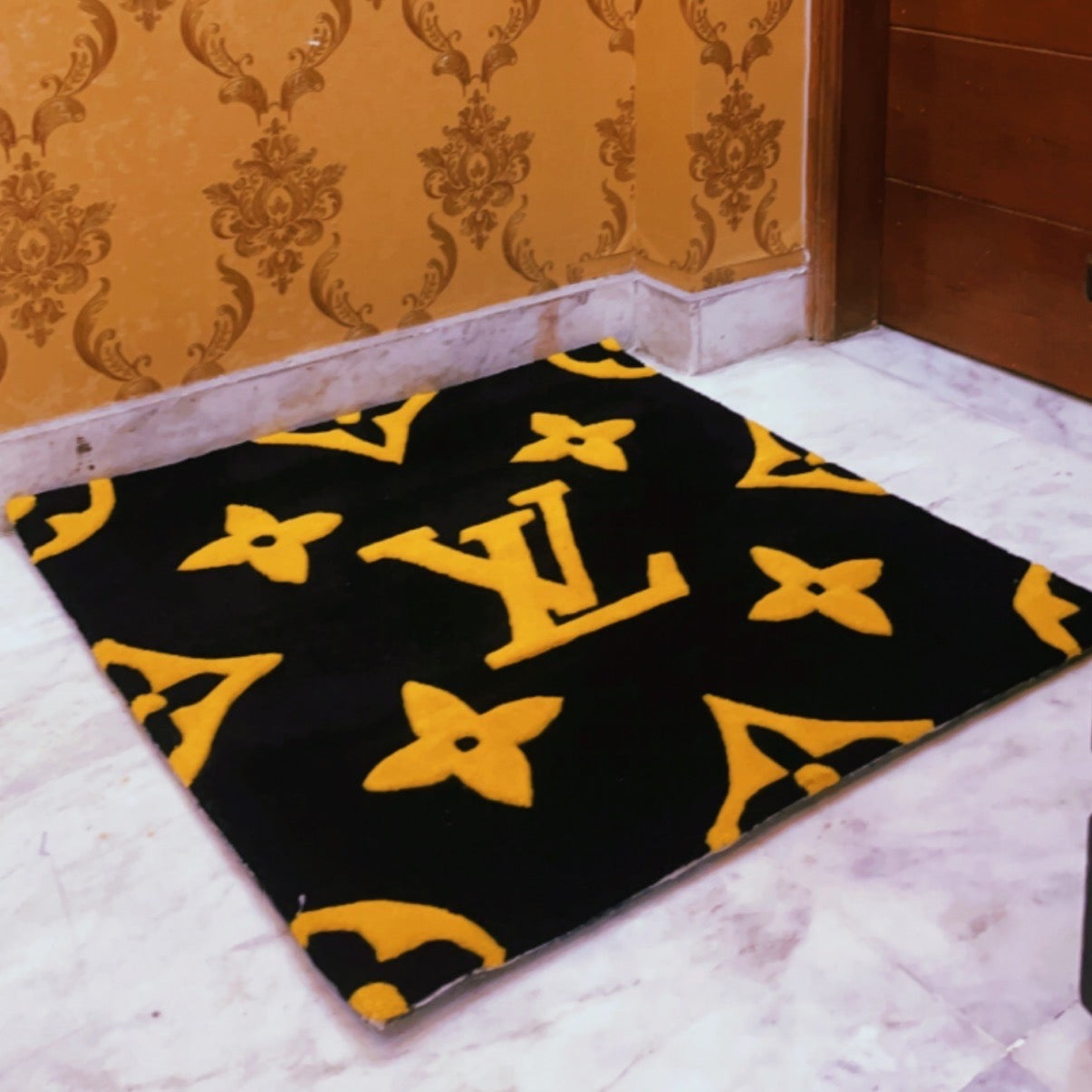 LV Louis Vuitton Gold and Black Hand-Tufted Rug