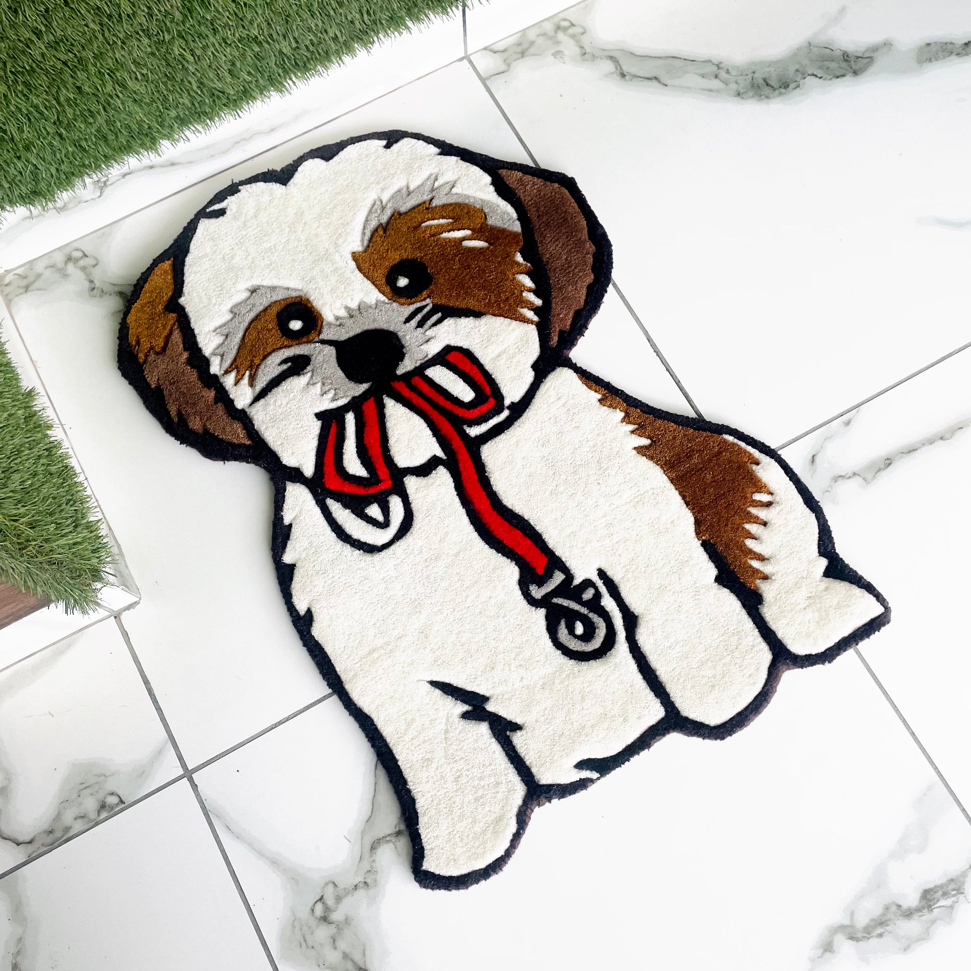 Shih Tzu Puppy With Leash in Mouth Hand-Tufted Rug side view