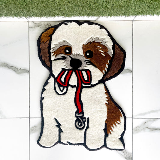 Shih Tzu Puppy With Leash in Mouth Hand-Tufted Rug
