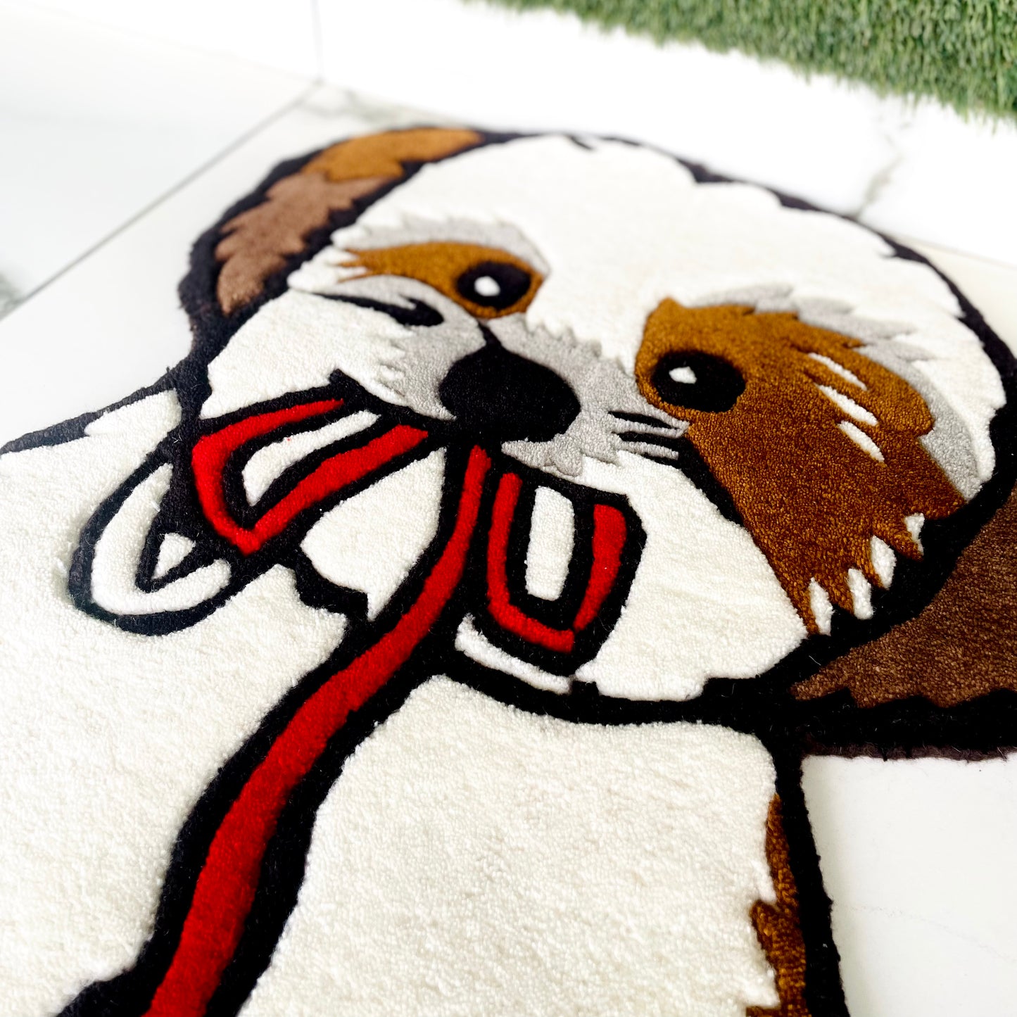 Shih Tzu Puppy With Leash in Mouth Hand-Tufted Rug closeup