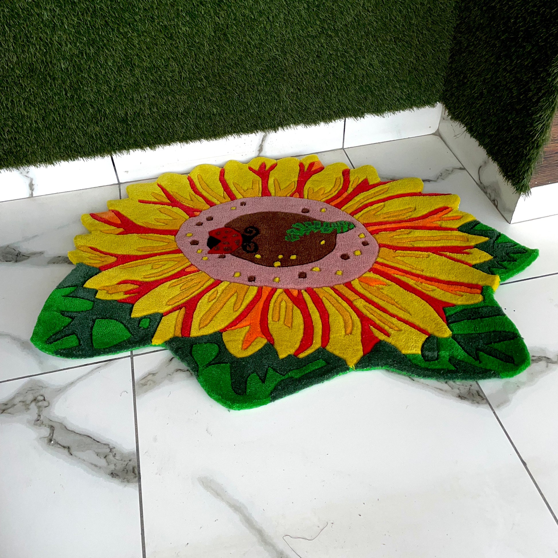 Sunflower with Ladybug and Caterpillar Hand-Tufted Rug