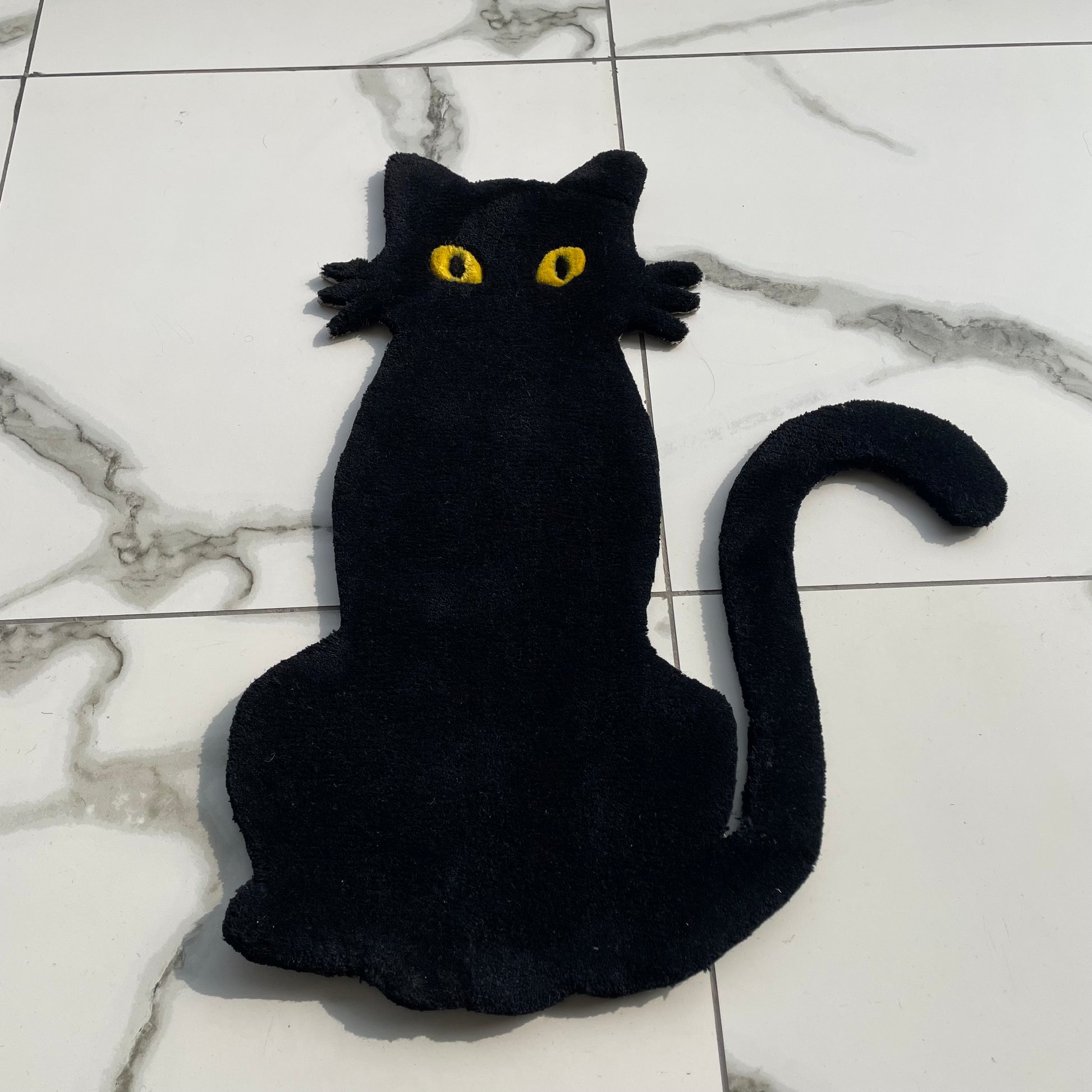 Black cat rug high angle shot