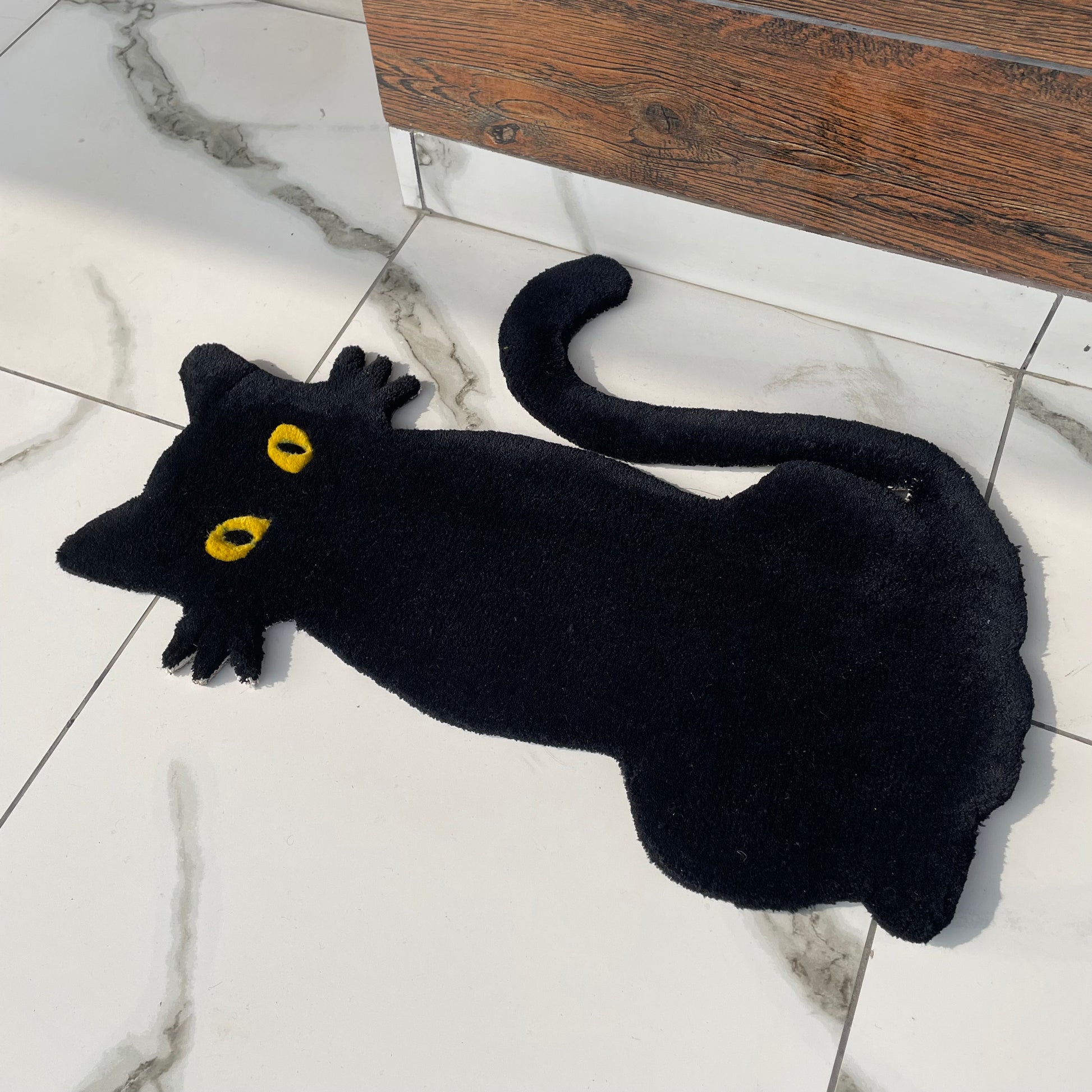 Black cat rug close up