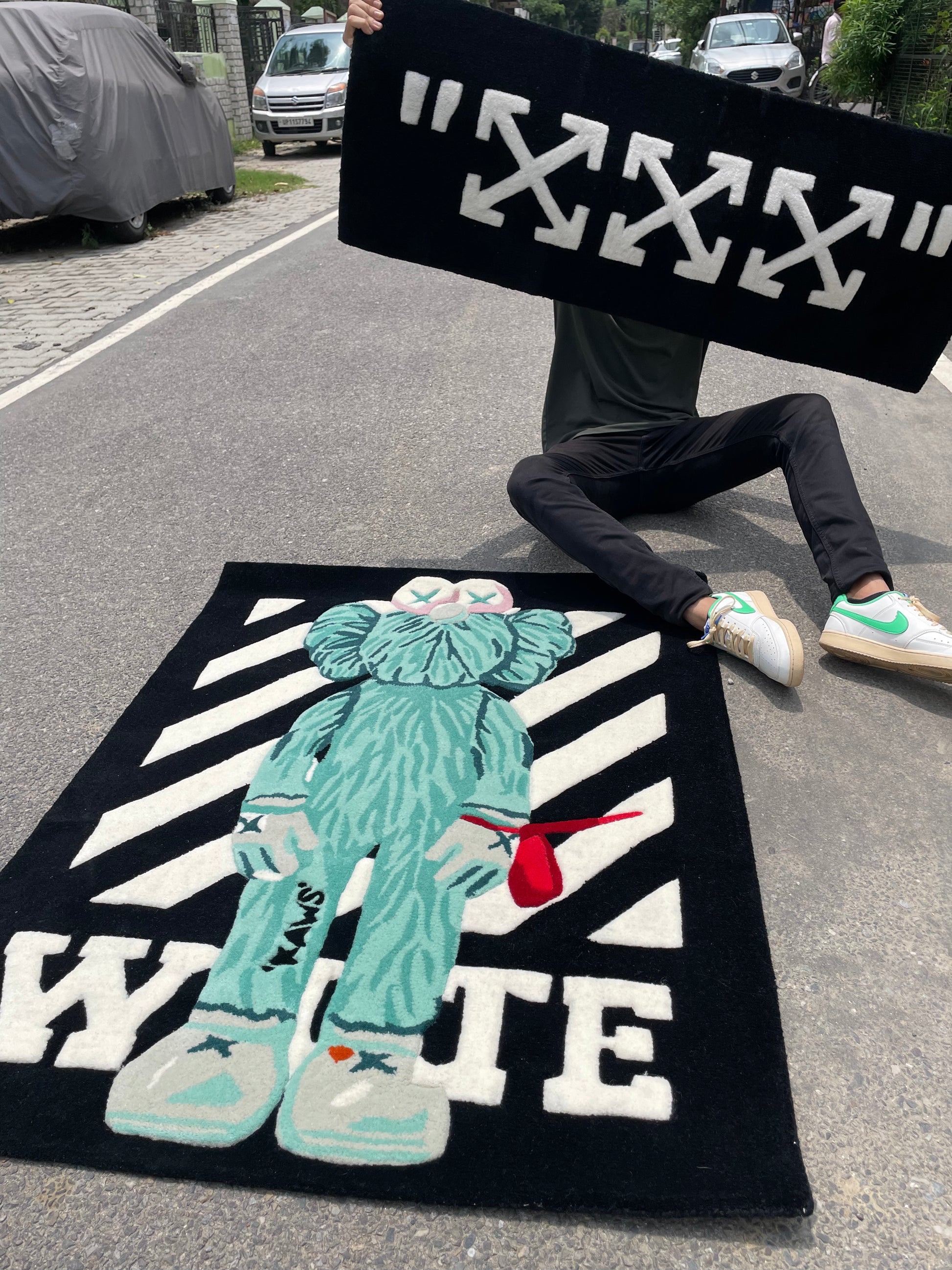 Kaws BFF Green Figurine Hand-Tufted Rug with off white rug
