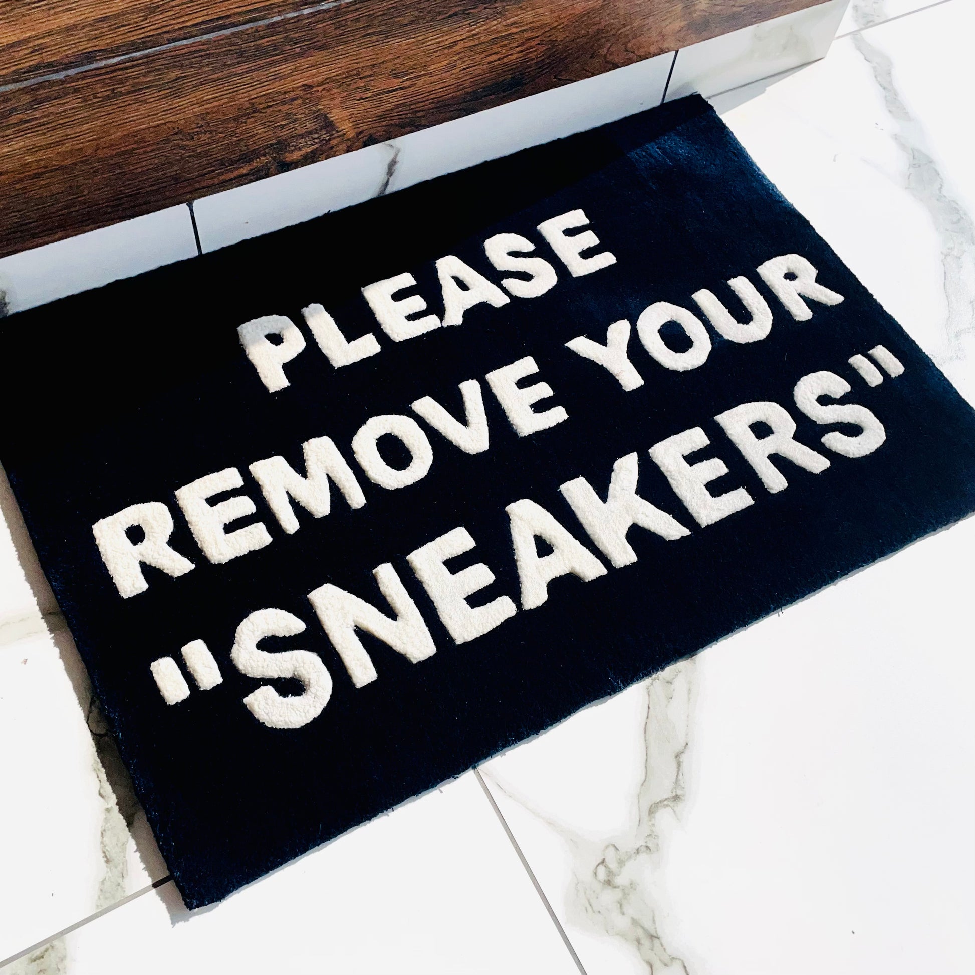 Please Remove Your SNEAKERS Hand-Tufted Rug side view