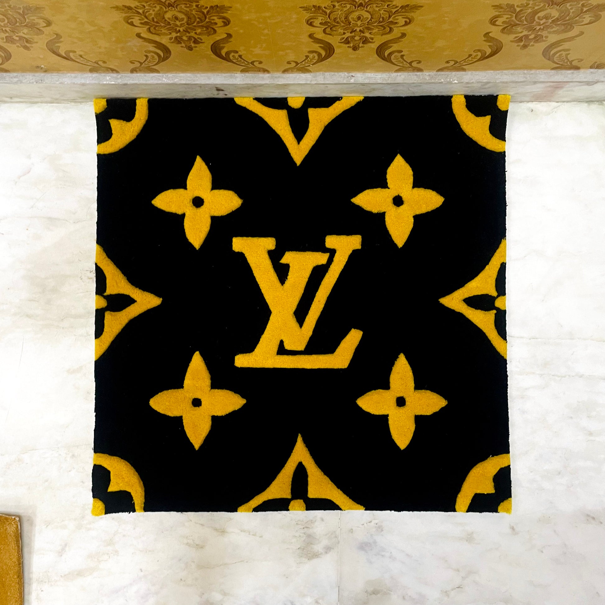 LV Louis Vuitton Gold and Black Hand-Tufted Rug detailed view
